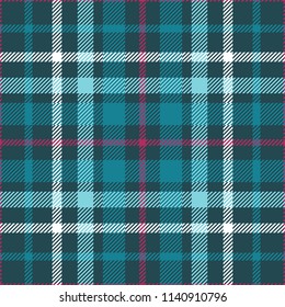 Plaid check patten in teal green, aqua, white and amaranth purple. Seamless fabric texture print. 