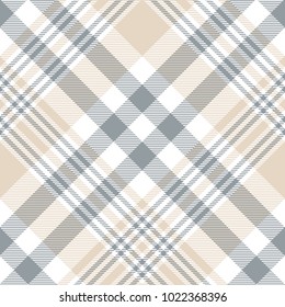 Plaid check pattern in beige/tan, grey and white. Seamless fabric texture print. 