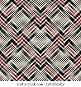 Plaid check pattern in black, red, off white. Tweed seamless tartan plaid hounds tooth graphic vector texture for jacket, coat, skirt, throw, other spring summer autumn everyday fashion fabric design.