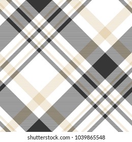 Plaid check pattern in black, white and beige. Seamless fabric texture background. 