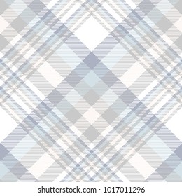 Plaid check pattern in blue, grey, pale beige and white. Seamless fabric texture print. 