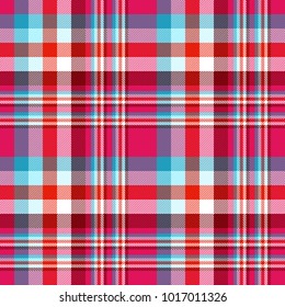Plaid check pattern in blue, red, burgundy, fuchsia pink and white. Seamless fabric texture print. 