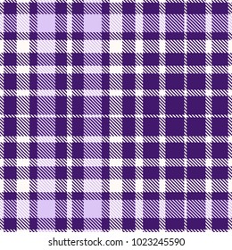 Plaid check pattern in dark purple, pale lavender violet and white. Seamless fabric texture print. 