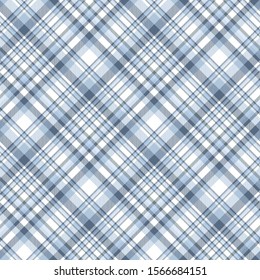 Plaid check pattern in muted blue color palette. All over twill fabric repeat.