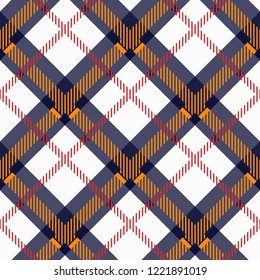 Plaid check pattern in orange, blue, red, black and white. Seamless fabric texture for digital textile printing. eps10
