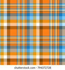 Plaid check pattern in orange, blue and white. Seamless fabric texture for digital textile printing.