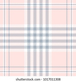 Plaid Check Pattern In Pale Pink, Dusty Blue And White. Seamless Fabric Texture Print. 