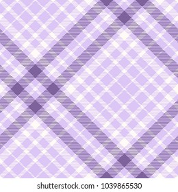 Plaid check pattern in pastel lavender, purple and white. Seamless fabric texture background. 