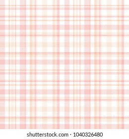 Plaid check pattern in pastel pink, beige and white. Seamless fabric texture print. Vector illustration.