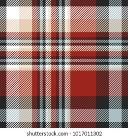 Plaid check pattern in red, beige, white, dusty blue and black. Seamless fabric texture print. 