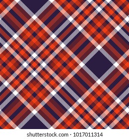 Plaid check pattern in red, burgundy, white and dark indigo. Seamless fabric texture print. 