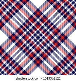 Plaid check pattern in red, white and blue. Seamless fabric texture print. 