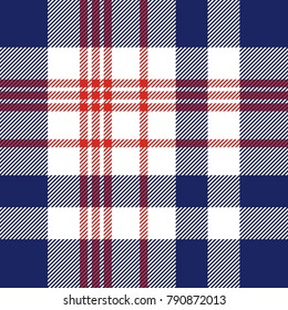 Plaid Check Pattern In Red, White And Blue. Seamless Fabric Texture Print. 