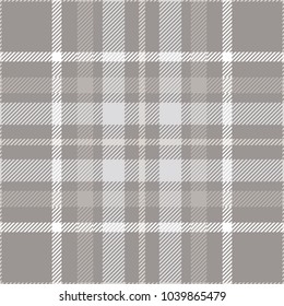 Plaid check pattern in shades of taupe, grey and white. Seamless fabric texture background. 