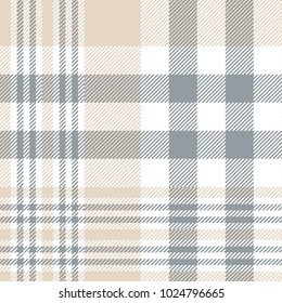 Plaid check pattern in tan beige, grey and white. Seamless fabric texture print. 