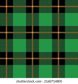 Plaid check seamless patten. Vector Tartan Christmas green plaid with yellow stitching textured background. Traditional gingham fabric print. Checkered plaid texture for fashion, print, design