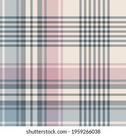 Plaid check vector pattern in grey blue, pink, off white. Large seamless tartan graphic for scarf, poncho, blanket, duvet cover, other modern spring summer womenswear fashion textile print.