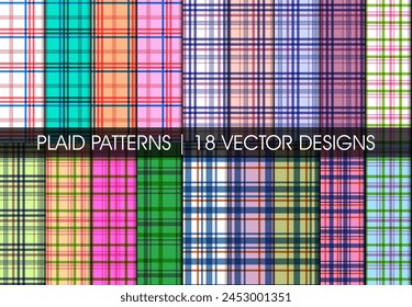 Plaid check vector patterns. 18 vectors. Fabrics, textile and background designs. Men, women, kids fashion modern clothing.