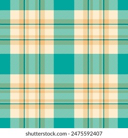 Plaid check vector of seamless background textile with a fabric pattern tartan texture in blanched almond and tyrolite blue green colors.