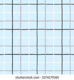 Plaid, checked, square vector seamless repeat pattern, texture. Chequered geometrical background. Vertical and horizontal hand drawn uneven crossing black, grey, white stripes, lines, streaks, bars. 