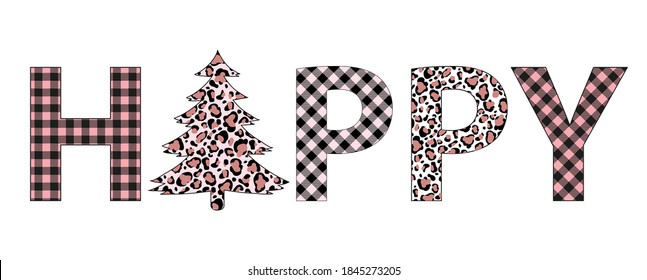 Plaid Christmas happy tree winter leopard tree vector holiday card 