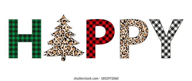 Plaid Christmas happy tree winter leopard tree vector holiday card svg