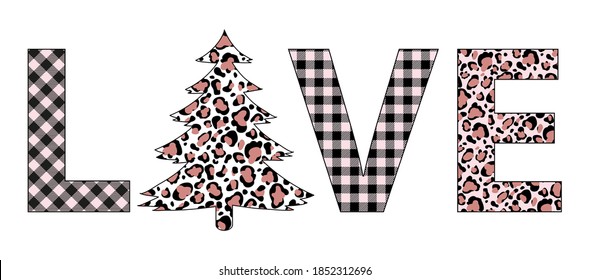 Plaid Christmas love tree winter leopard tree vector holiday card svg