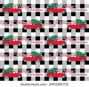 Plaid christmas old truck gift wrapper seamless