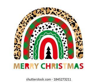 Plaid Christmas Tree Rainbow Winter Leopard Vector Holiday Card 
