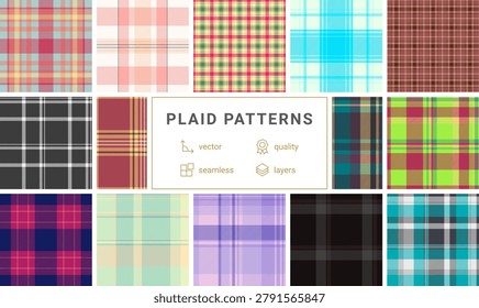 Plaid collection ideal for diary kits. Coordinated tartan repeats create cohesive and visually appealing printed sets. Vector format allows resizing.