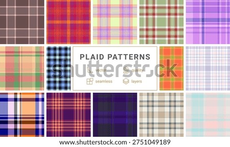 Plaid collection ideal for jackets and coats. Vector tartan patterns enhance outerwear with modern appeal. Seamless repeats stay consistent.