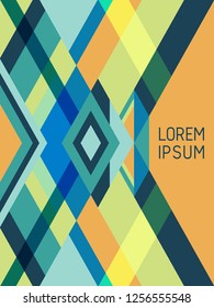 Plaid cover page layout vector template geometric design with triangles and stripes pattern. Festive mexican motifs. Striped bauhaus pattern vector cover design. Modern stripes, triangles.