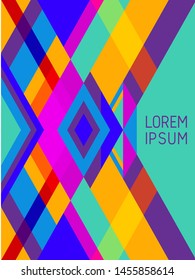 Plaid cover page layout vector template geometric design with triangles and stripes pattern. Carnival brazilian motifs. Striped bauhaus pattern vector cover design. Modern stripes, triangles.
