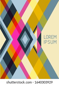 Plaid cover page layout vector template geometric design with triangles and stripes pattern. Carnival brazilian motifs. Striped bauhaus pattern vector cover design. Simple stripes, triangles.