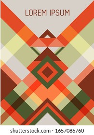 Plaid cover page layout vector template geometric design with triangles and stripes pattern. Carnival mexican motifs. Striped bauhaus pattern vector cover design. Cool geometry.