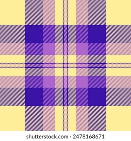Plaid fabric background of vector textile check with a texture tartan pattern seamless in yellow and indigo colors.