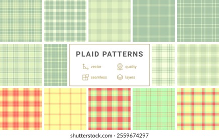 Plaid fabric designs featuring colorful checks and stripes, ideal for textile, wallpaper, or trendy fashion prints.