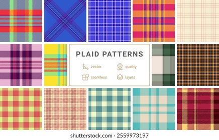 Plaid fabric designs featuring colorful checks and stripes, ideal for textile, wallpaper, or trendy fashion prints.