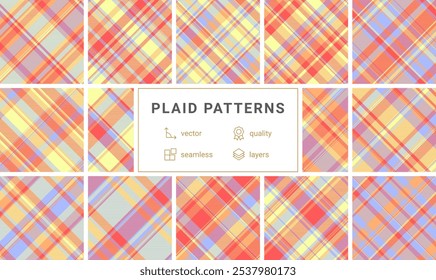 Plaid fabric designs with gingham and check patterns, perfect for rustic wallpapers, textiles, or celtic-inspired clothing prints.