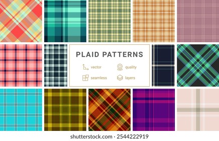 Plaid fabric designs with gingham and check patterns, perfect for rustic wallpapers, textiles, or celtic-inspired clothing prints.