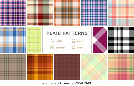 Plaid fabric designs with gingham and check patterns, perfect for rustic wallpapers, textiles, or celtic-inspired clothing prints.