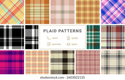 Plaid fabric designs with gingham and check patterns, perfect for rustic wallpapers, textiles, or celtic-inspired clothing prints.