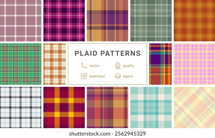 Plaid fabric designs with square checks and horizontal stripes, perfect for rustic fashion, celtic patterns, and classic British textiles.