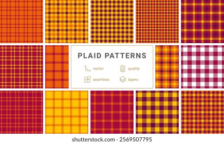 Plaid fabric designs with square checks and horizontal stripes, perfect for rustic fashion, celtic patterns, and classic British textiles.