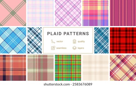 Plaid fabric designs with square checks and horizontal stripes, perfect for rustic fashion, celtic patterns, and classic British textiles.