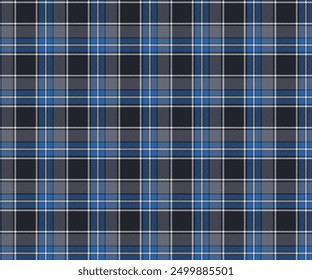 Plaid fabric pattern, black, blue, gray, white, seamless for textiles and design clothing, skirts, pants, aprons, tablecloths, blankets or decorative fabrics. Vector illustration.