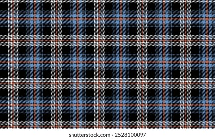 Padrão de tecido xadrez, preto, azul, branco, laranja, sem costura, para têxteis e design de roupas, saias, calças, aventais, toalhas de mesa, cobertores ou tecidos decorativos. Ilustração vetorial.
