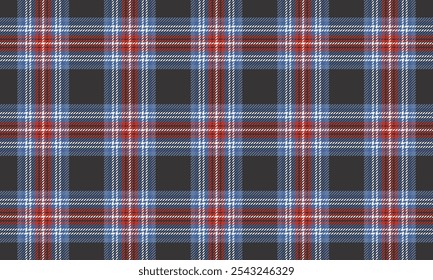 Plaid fabric pattern, black, blue, white, red, seamless elegant modern cross lines pattern for textile, and for designing clothes, skirts or decorative fabrics. Vector illustration.