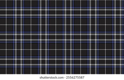 Plaid fabric pattern, black, blue, white, distinctive cross lines pattern, seamless for textiles, and for designing clothes, skirts or decorative fabrics. Vector illustration.