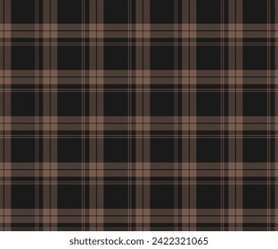 Plaid fabric pattern, black, brown, seamless background for textile design, clothing, skirt, pants or decorative fabric. Vector illustration.